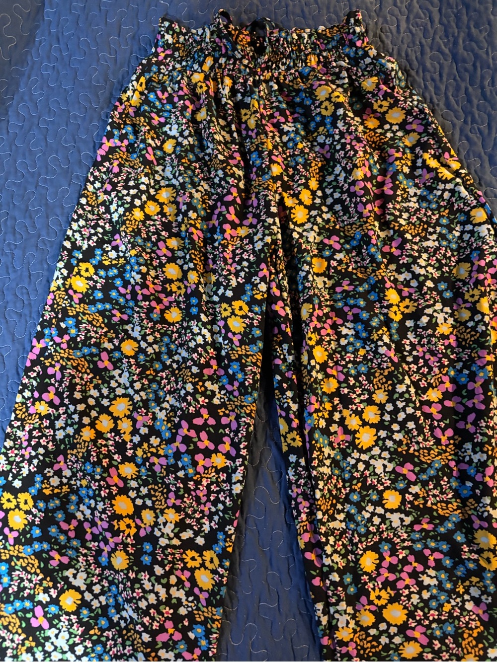 Girls' Black Floral Pajama Pants with Yellow, Pink & Blue Blooms